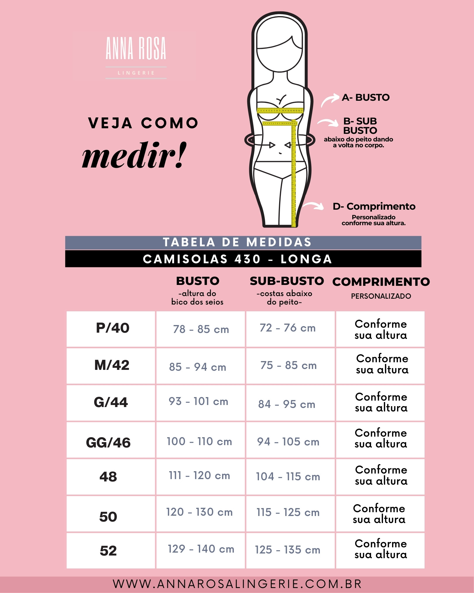 Tabela de medidas camisola 430 longa